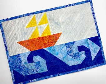 Sail Away Art Quilt, Table Topper, Modern Fiber Art, Nautical Wall Decor, Quilted Placemat, Fathers Day. Blue Yellow Orange, Tall Ships Art