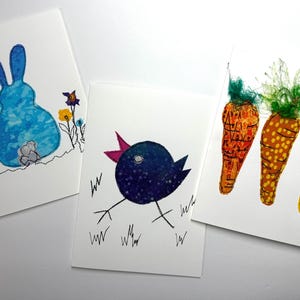 Cartes artistiques de Pâques en fibre faites main avec enveloppes - Notes de tissu matelassé cousues, lot de 3 (5 x 7), cartes de voeux vierges