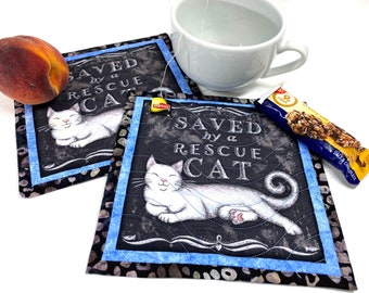 Saved by a Rescue Cat Mug Rugs, Quilted Kitty Themed Handmade Mini Quilts, Dark Gray and Blue Cat Lovers Set of 2