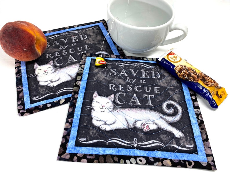 Saved by a Rescue Cat Mug Rugs, Quilted Kitty Themed Handmade Mini Quilts, Dark Gray and Blue Cat Lovers Set of 2 image 1