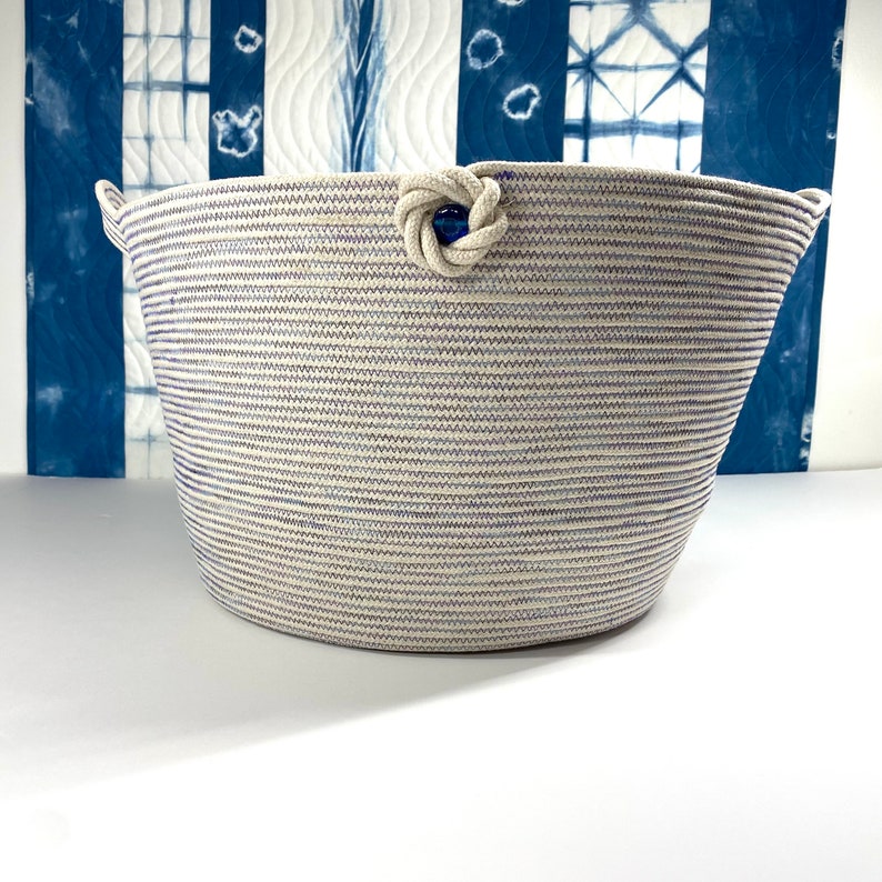 Super Sized Coiled Rope Basket Clutter Catcher, Blue and White Clothesline Storage Bucket, Unique Storage Solution image 4