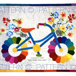 MINI Whimsical Bicycle Art Quilt PATTERN, Original Design, Wall Art MINIATURE, Cycle Art  Floral Bike Sally Manke Fiber Artist Ready toShip