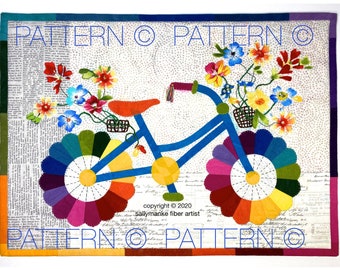 MINI Whimsical Bicycle Art Quilt PATTERN, Original Design, Wall Art MINIATURE, Cycle Art  Floral Bike Sally Manke Fiber Artist Ready toShip