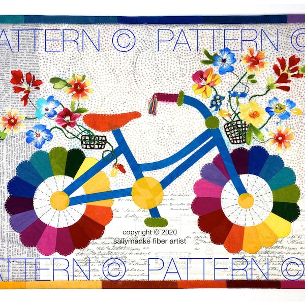 MINI Whimsical Bicycle Art Quilt PATTERN, Original Design, Wall Art MINIATURE, Cycle Art  Floral Bike Sally Manke Fiber Artist Ready toShip