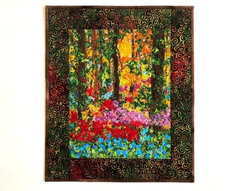 Confetti Landscape Quilt, Quilted Wall Hanging, Fiber Art, Woodland Wild Flowers, Hiker Gift,  Sally Manke, Quilts for Sale