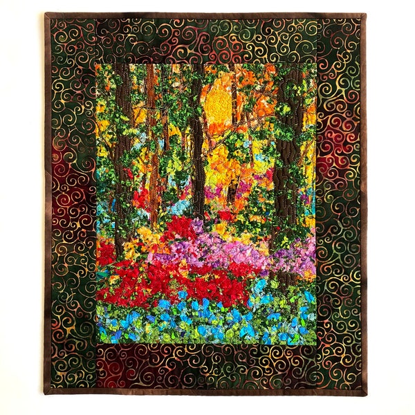 Confetti Landscape Quilt, Quilted Wall Hanging, Fiber Art, Woodland Wild Flowers, Hiker Gift,  Sally Manke, Quilts for Sale