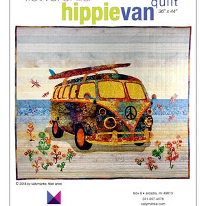 Flower Child Hippie Van, Art Quilt Pattern, Original Design Wall Art, 60s Lovers Gift, Applique, Full Sized Pattern, Sally Manke, 36” X 44&quot;