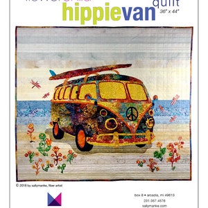 Flower Child Hippie Van, Art Quilt Pattern, Original Design Wall Art, 60s Lovers Gift, Applique, Full Sized Pattern, Sally Manke, 36 X 44 image 1