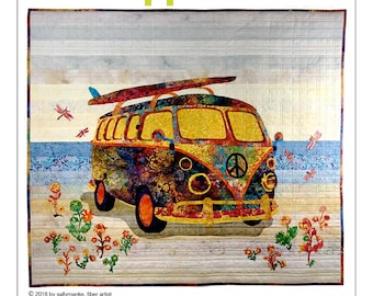 Flower Child Hippie Van, Art Quilt Pattern, Original Design Wall Art, 60s Lovers Gift, Applique, Full Sized Pattern, Sally Manke, 36” X 44&quot;