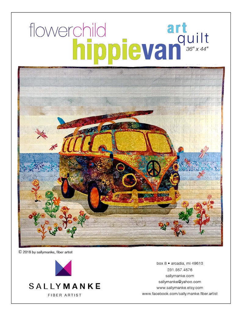 Flower Child Hippie Van, Art Quilt Pattern, Original Design Wall Art, 60s Lovers Gift, Applique, Full Sized Pattern, Sally Manke, 36 X 44 image 1