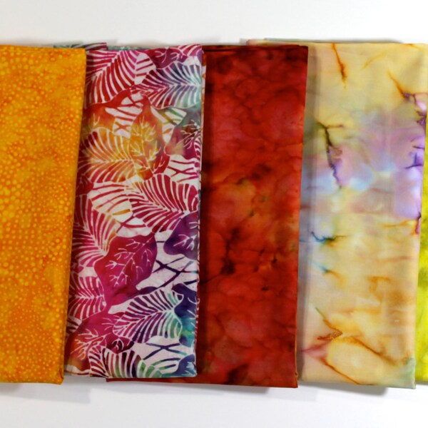 Quiltsy Destash Party - Batik Fabric Bundle 5 Fat Quarters Bright Autumn Colors Quilting Weight
