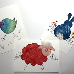 Cartes de Pâques en fibre artistique faites main avec enveloppes - Lapin, agneau, poussin, notes de tissu matelassé, lot de 3 (5 x 7), cartes de voeux vierges