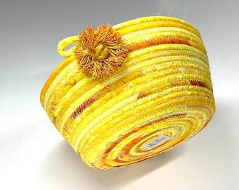 Bright Golden Sunshine Coiled Rope Clothesline Basket, Handmade Quilted Fiber Art Organizer Bowl, Yellow Home Decor