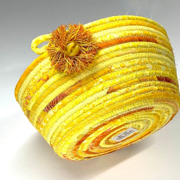 Bright Golden Sunshine Coiled Rope Clothesline Basket, Handmade Quilted Fiber Art Organizer Bowl, Yellow Home Decor