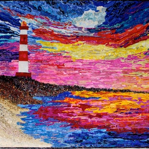 Lighthouse Fiber Art Quilt, Sunset Seascape Wall Hanging (33x42 inches)