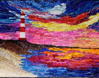 Lighthouse Fiber Art Quilt, Sunset Seascape Wall Hanging (33x42 inches)