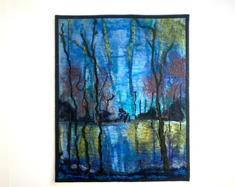 Moody Marsh Felted Quilted Art Quilt, 18 X 14.5 Inch Blue Black Landscape Wall Hanging