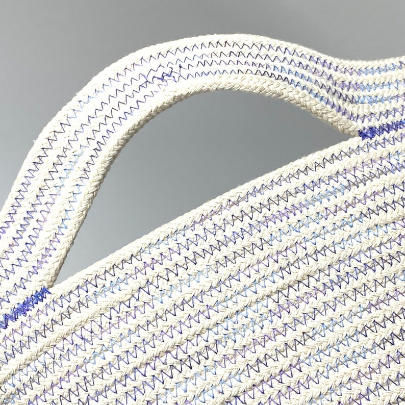 Super Sized Coiled Rope Basket Clutter Catcher, Blue and White Clothesline Storage Bucket, Unique Storage Solution image 8