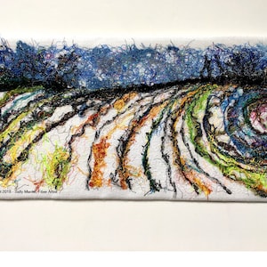 Winter Field Art Quilt, Fiber Art Wall Hanging, Blue Wall Decor, Sally Manke, Fiber Artist, vanGogh Style, Impressionistic Art, Original Art image 1