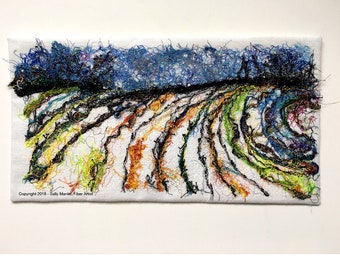 Winter Field Art Quilt, Fiber Art Wall Hanging, Blue Wall Decor, Sally Manke, Fiber Artist, vanGogh Style, Impressionistic Art, Original Art