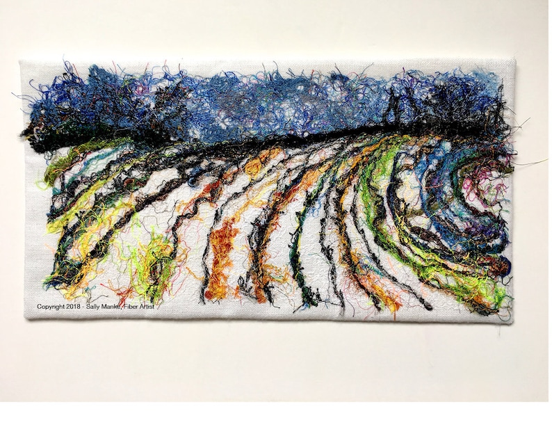 Winter Field Art Quilt, Fiber Art Wall Hanging, Blue Wall Decor, Sally Manke, Fiber Artist, vanGogh Style, Impressionistic Art, Original Art image 1
