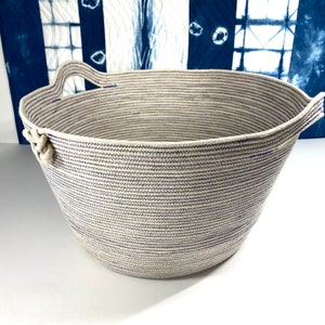 Super Sized Coiled Rope Basket Clutter Catcher, Blue and White Clothesline Storage Bucket, Unique Storage Solution image 6