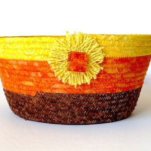Coiled Rope Basket, Brown Orange Yellow. Halloween Bowl, Candy Corn, Autumn Fall Decor, Fabric Organizer, Handmade Fiber Art, Sunflower