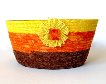 Coiled Rope Basket, Brown Orange Yellow. Halloween Bowl, Candy Corn, Autumn Fall Decor, Fabric Organizer, Handmade Fiber Art, Sunflower