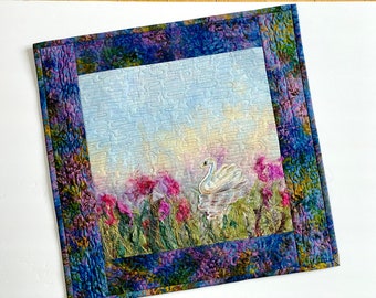 Swan Marsh Art Quilt, Original Fiber Wall Decor (18 X 18 inches)