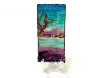 Mini Postcard Style Art Quilt, Sunset Quilted Felted Landscape Fiber Art (2.75 X 5.75 inches),