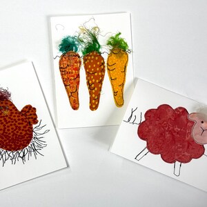 Cartes de Pâques artistiques en fibre avec enveloppes, matelassé surpiqué, notes originales en tissu, cartes de voeux vierges faites main, lot de trois 5 x 7