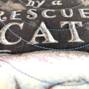 Saved by a Rescue Cat Mug Rugs, Quilted Kitty Themed Handmade Mini Quilts, Dark Gray and Blue Cat Lovers Set of 2 image 8