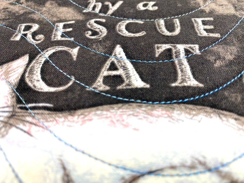 Saved by a Rescue Cat Mug Rugs, Quilted Kitty Themed Handmade Mini Quilts, Dark Gray and Blue Cat Lovers Set of 2 image 8