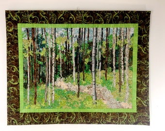 Confetti Landscape Quilt, Quilted Wall Hanging, Fiber Art, Woodland Trail, Hiker Gift, Birch Tree Decor, Sally Manke Fiber,  Quilts for Sale