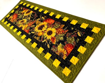 Quilted Table Runner, Green, Gold, Orange Patchwork, Handmade Autumn Table Mat, Dining Room Table, Kitchen Island Decor, Pumpkins Sunflowers