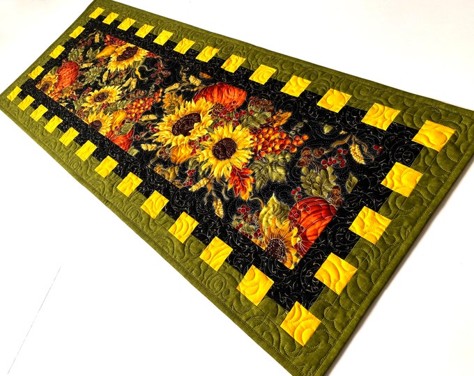 Quilted Table Runner, Green, Gold, Orange Patchwork, Handmade Autumn