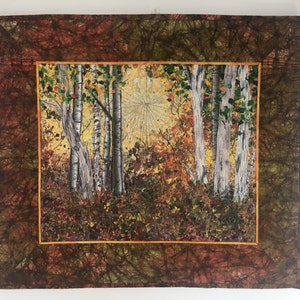 Quilted Wall Hanging, Fiber Art, Woodland Sunrise, Confetti Quilt Landscape, Autumn Birch Tree Decor, Sally Manke, Art Quilts for Sale 23X20 image 1