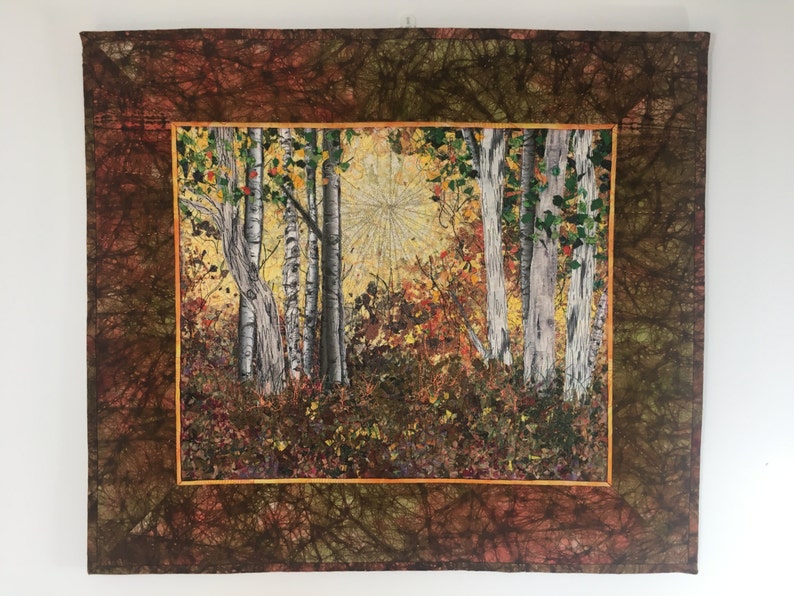 Quilted Wall Hanging, Fiber Art, Woodland Sunrise, Confetti Quilt Landscape, Autumn Birch Tree Decor, Sally Manke, Art Quilts for Sale 23X20 image 1