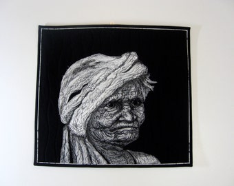 Quilted Fiber Art Portrait of "Guatemalan Poppy" Wall Hanging Art Quilt Multi Media Decor Black and White Art Sally Manke wallhanging