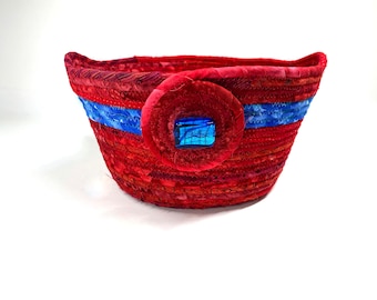 Clothesline Rope Basket, Americana Patriotic Gift Basket, July 4th Organizer, Independence Day, Summer Decor, Sally Manke Fiber Art,Handmade