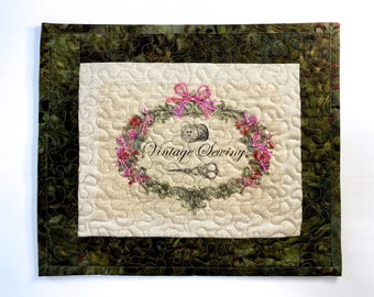 Vintage Sewing Wall Hangings, Fiber Art Quilts, French Linen print, Green Placemat, Table Toppers, Quilted Floral, Quilt Lovers Gift