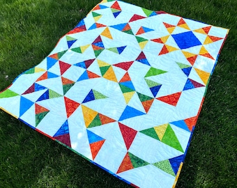 Patchwork Quilted Lap Throw, Bright Blue Yellow Orange White, Modern Quilt, Picnic, Dorm Fiber Art, Quilts for Sale, 49” X 60",  Handmade