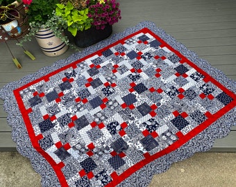 Navy & White Quilted Lap Throw, Cottage Chic Red Accent, Handmade Quilt For Sale, 80 X 66 inches Patchwork, Dorm Quilt, FREE SHIP T USA