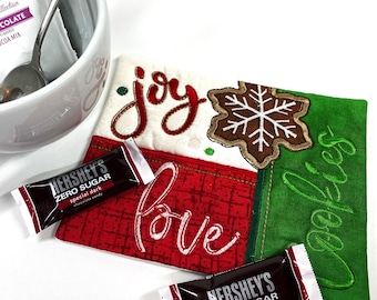 Holiday Embroidered Quilted Mug Rug, Joy, Love, Cookies, Mini Quilt Placemat with Appliqué, Red, White, Green and Brown