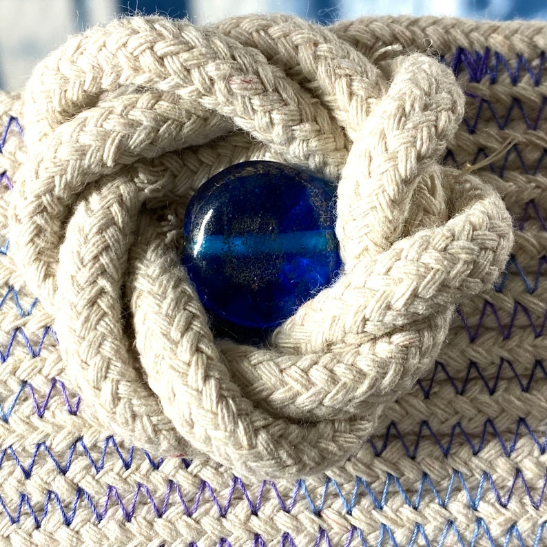 Super Sized Coiled Rope Basket Clutter Catcher, Blue and White Clothesline Storage Bucket, Unique Storage Solution image 5