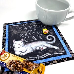 Saved by a Rescue Cat Mug Rugs, Quilted Kitty Themed Handmade Mini Quilts, Dark Gray and Blue Cat Lovers Set of 2 image 9