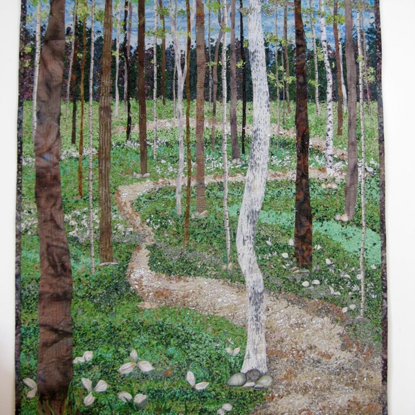 Fiber Art, Spring Trillium Trail, Quilted Landscape, Confetti Art Quilt, Michigan Wall Quilt, Nature Lovers Decor, Quilts for Sale, Woodland