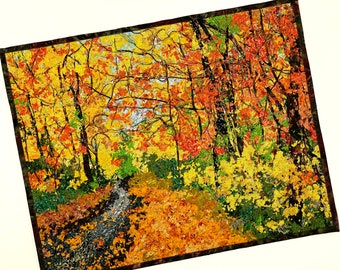 Quilted Wall Hanging, Fiber Art, Country Road, Confetti Quilt Landscape, Autumn Fall Tree Decor, Sally Manke, Art Quilts for Sale 20 X 16 in