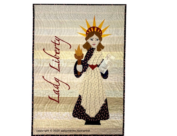 Lady Liberty Art Quilt, Patriotic Wall Hanging, Quilted Door Banner, Americana Art Quilt, Door Decor, Original Fiber Art, Red White Blue
