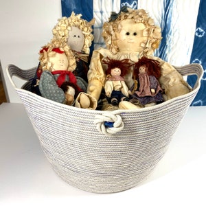 Super Sized Coiled Rope Basket Clutter Catcher, Blue and White Clothesline Storage Bucket, Unique Storage Solution image 2